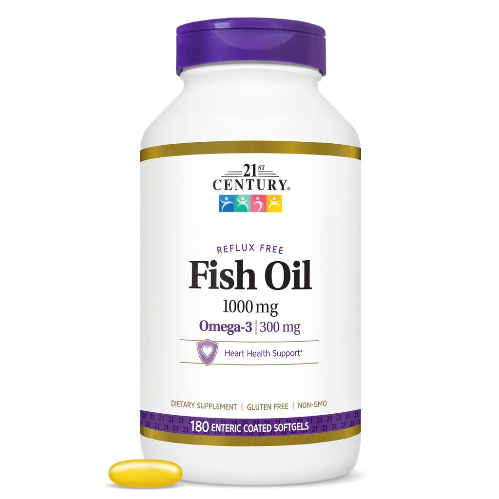 21. århundrede Fish Oil 1000 Mg Enteric Coated Softels, 180Count