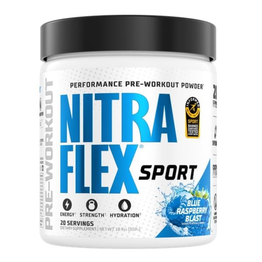 Nitraflex Sport Blå Raspberry Pre- Workout Powder, Forbudt Stof Gratis, Informeret Valg Certificeret, Hydration, Citrullin, Beta- Alanine, Betain, 20 Servere