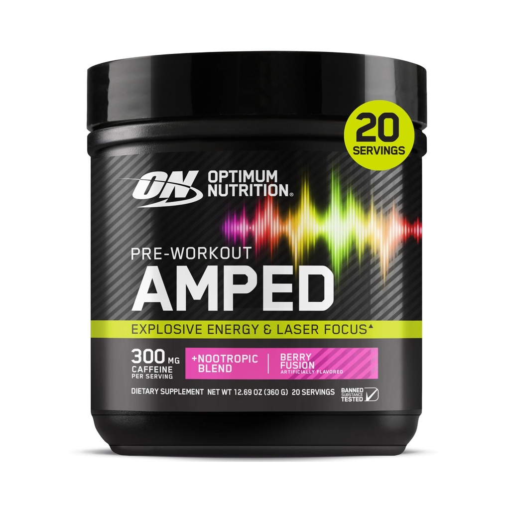 Optimum Nutrition Amped Pre- Workout, med Citrullin, Beta- Alanine, Nootropics og 300mg koffein til energi, Berry Fusion, 20 Servering (Packaging May Vary)