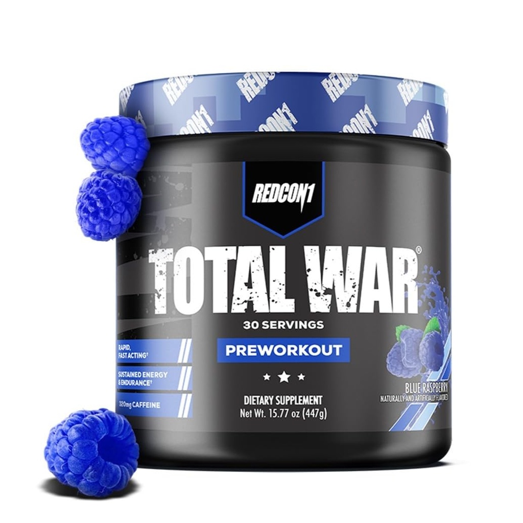 REDCON1 Total War Pre Workout Powder | Blue Raspberry | 320mg Caffeine + Citrulline Malate + Beta Alanine (30 Servings)