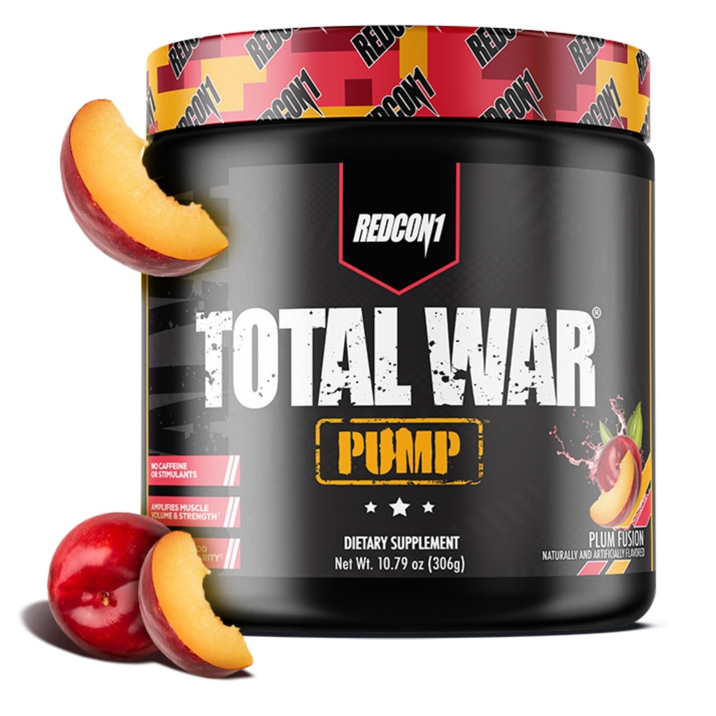 REDCON1 Non Stim & Koffein Free Pre Workout Powder for Women & Men - Total War Pump - med L- Citrullin, Beta Alanine & Mere - Workout på ethvert tidspunkt af dagen - Plum Fusion (10.79 oz)