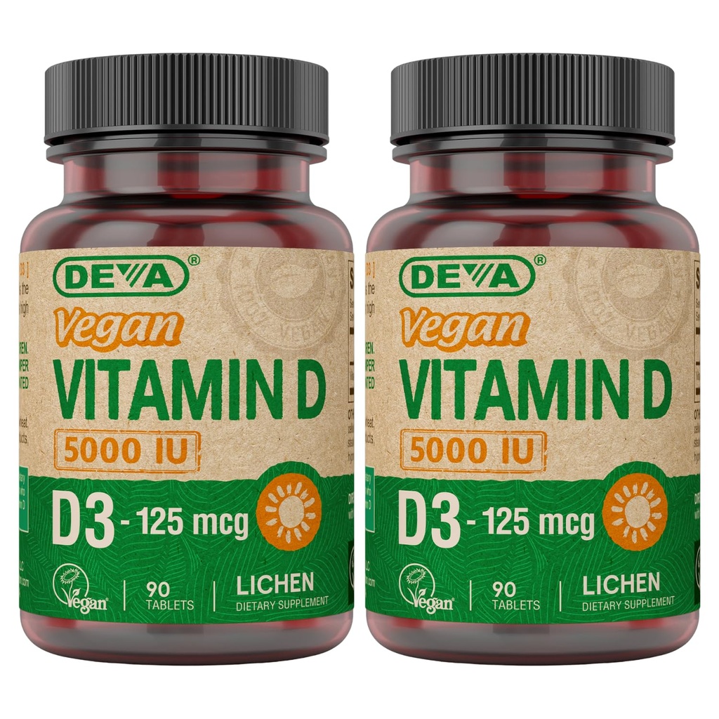 DEVA vitamin D3 5000 IE, Sunshine Supplement, 125 mcg Vegan D3, 90- Count Bottle (pakning med 2 stk.)