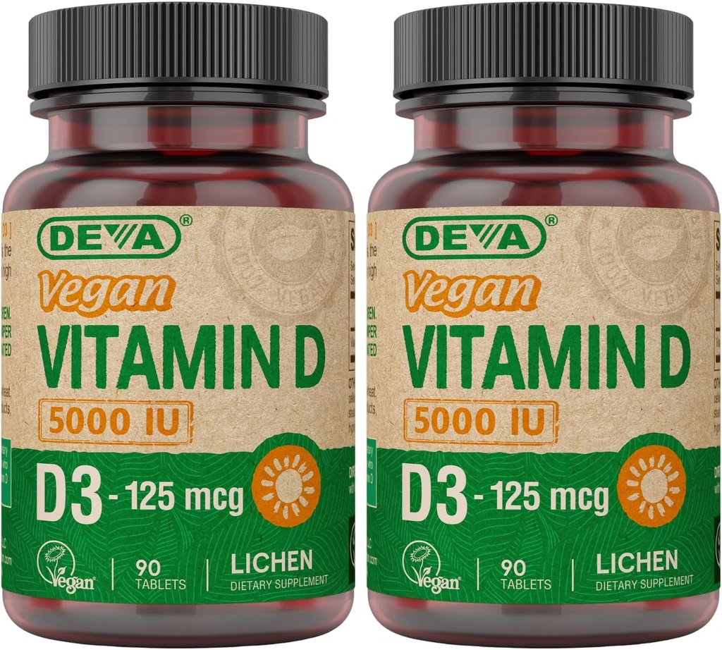 DEVA vitamin D3 5000 IE, Sunshine Supplement, 125 mcg Vegan D3, 90- Count Flaske (pakning med 2)