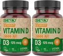 DEVA vitamin D3 5000 IE, Sunshine Supplement, 125 mcg Vegan D3, 90- Count Flaske (pakning med 2)