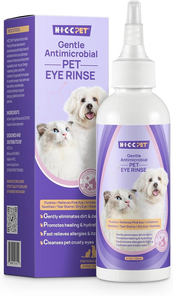 HCPC PET-øjendråber 5.1 fl oz øjendråber til hunde og katte Vet- Anbefalet hund øjeninfektion Behandling til Sothe Infektion Allergi, Relieve tørre øjne Pink øjne, Pet Tear Stain Cleaner