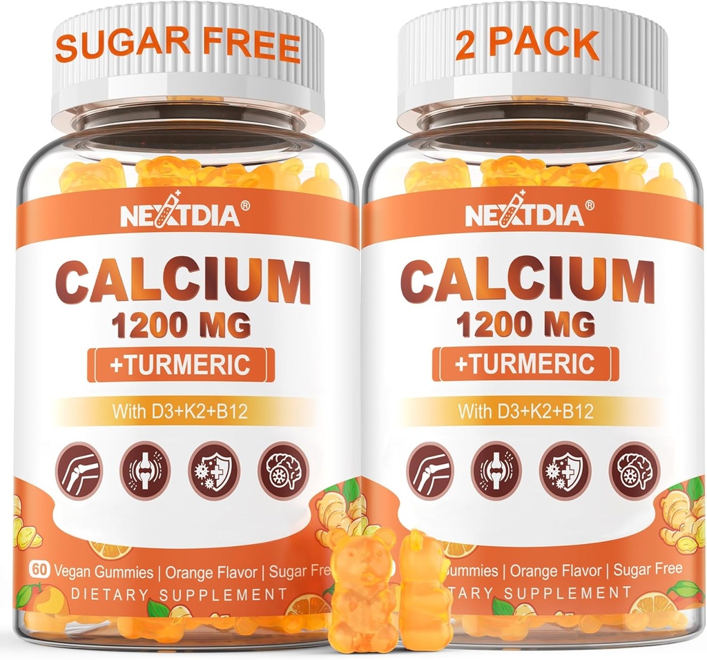 Calcium 1200 mg med vitamin D3 Gummies - Calcium + gurkemeje for kvinder og mænd med vitamin K2 B12 - Support Bone & Muscle - Sugar Free - Vegan (120 Tæl)
