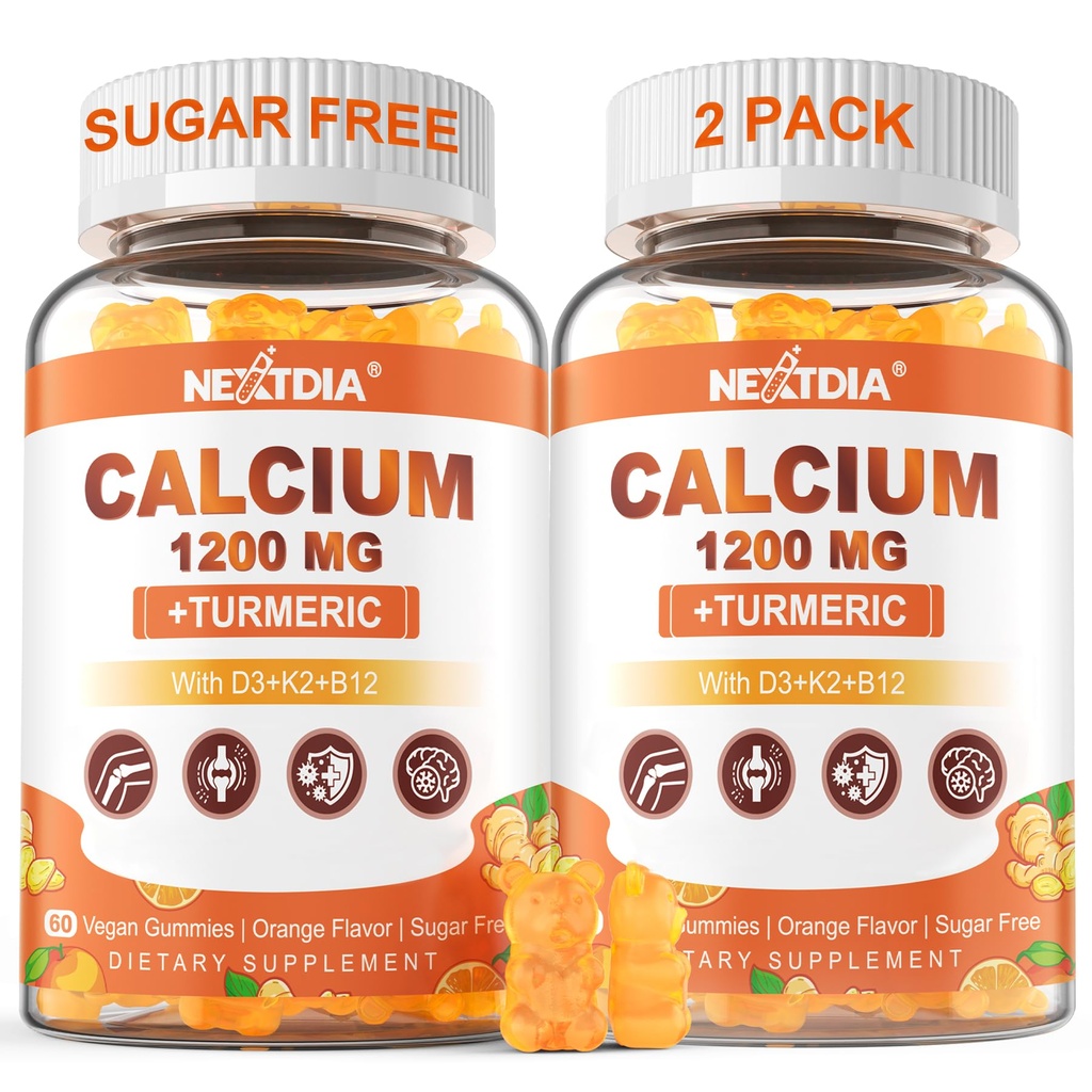 Calcium 1200 mg med vitamin D3 Gummies - Calcium + gurkemeje for kvinder og mænd med vitamin K2 B12 - Support Bone & Muscle - Sugar Free - Vegan (120 Tæl)