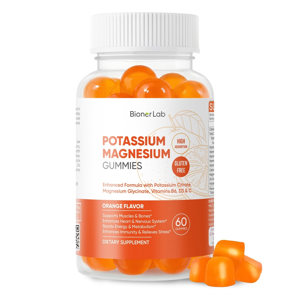 BionerLab Kalium Magnesium Gummier med vitamin D3 B6 C - Høj Absorption Kalium 99mg Magnesium Glycinat 250 mg tyggetabletter til kvinder Mænd voksne børn