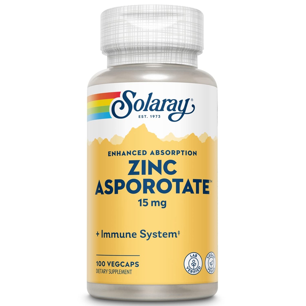Solaray Zink Aspotone 15 mg Chelated Complex - 124; Immunforsvar & endokrine Support, Cell & Skin Health Formel, 100 VegCaps