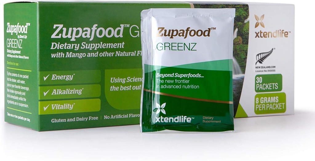 Xtenenlife Zupafood GREENZ Powder - Organic Green Powder Superfood Detox Juice Mix med Spirulina / Wheatgrass for Gut Health, Natural Detoxification & Stærk Immunity Medic124; 30 Pakker (Vegan & Gluten Free)