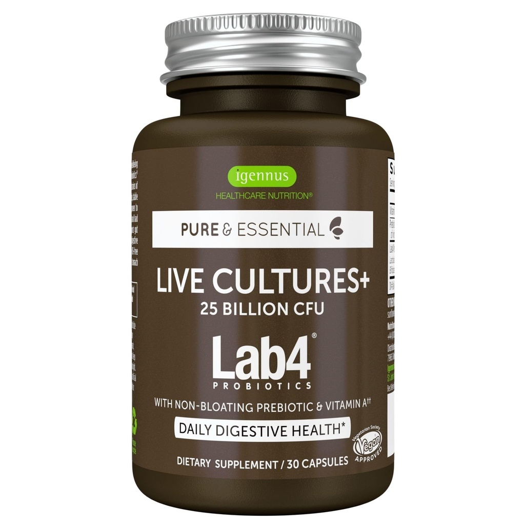 Igennus Probiotika & Prebiotic 2 i 1, Lactobacillus Acidophilus & Bifidobacterium, Gut Health Support, Live Cultures + Lab4, Garanteret 25 Millioner CFU, Kvinder & Mænd, Non- Bloating, Non- GMO, 30 Kapsler