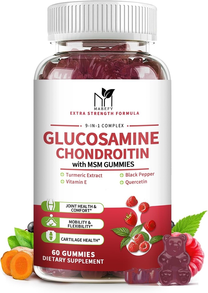 Glucosamin Chondroitin Gummies Triple Strength (1000 mg Glucosamin, 750mg Chondroitin) med MSM, gurkemeje, Quercetin, E-vitamin, fælles supporttilskud, Antioxidant 60 Gummies Raspberry Flavor