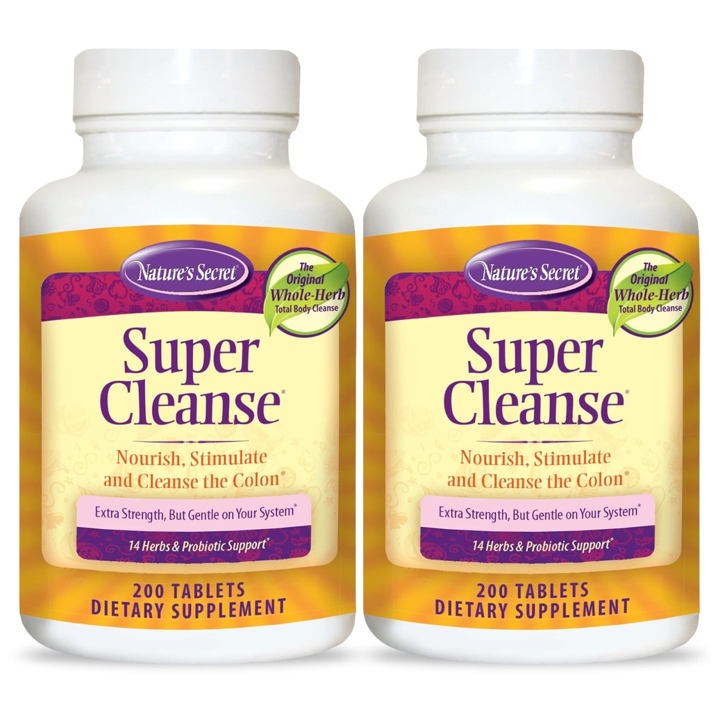 Nature's Secret Super Cleanse Extra Strength Toxin Detox & Gentle Elimination Body Cleanse, Digestive & Colon Health Support - Stimulating Blend of 14 Herbs with Probiotics - 200 Count (Pack of 2)