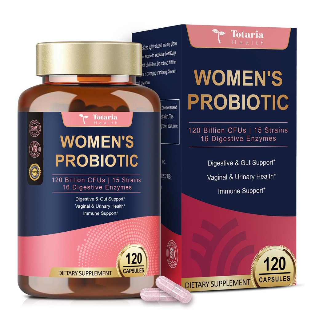 Totaria Probiotika for kvinder, 120 Millioner Kvinder Probiotika, med Akkermansia, fordøjelsesfremmende enzymer & Prebiotika, Cranberry, D- Mannose, for Gut, Vaginal, Urinary, Immun, PH Balance, 120 Vegansk Capules