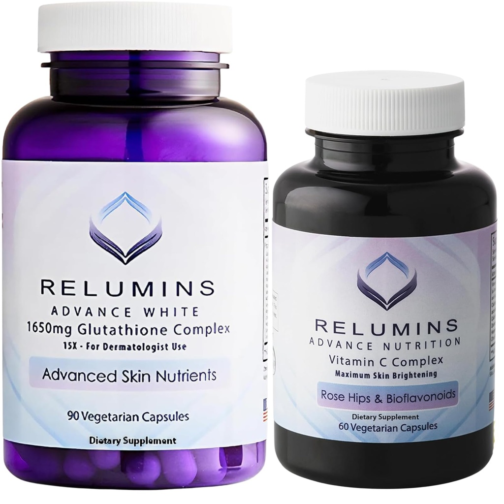Relumins Advanced White Set - 1650mg Glutathione Complex (90 Capsules) and Advanced Vitamin C with Rose HIPS and Bioflavonoids (60 Capsules) Bundle, 1 Month Supply