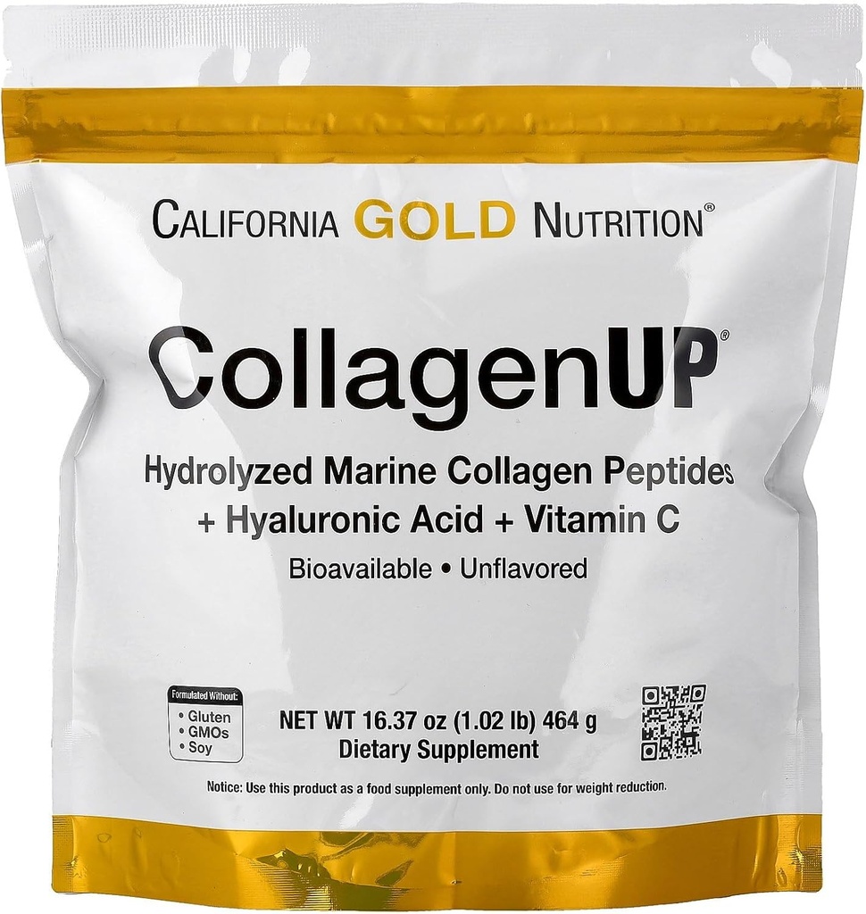 California Gold Nutrition CollagenUP ®, Hydrolyzed Marine Collagen Peptider med Hyaluronsyre og C-vitamin, Uden smag, 1.02 lb (464 g)