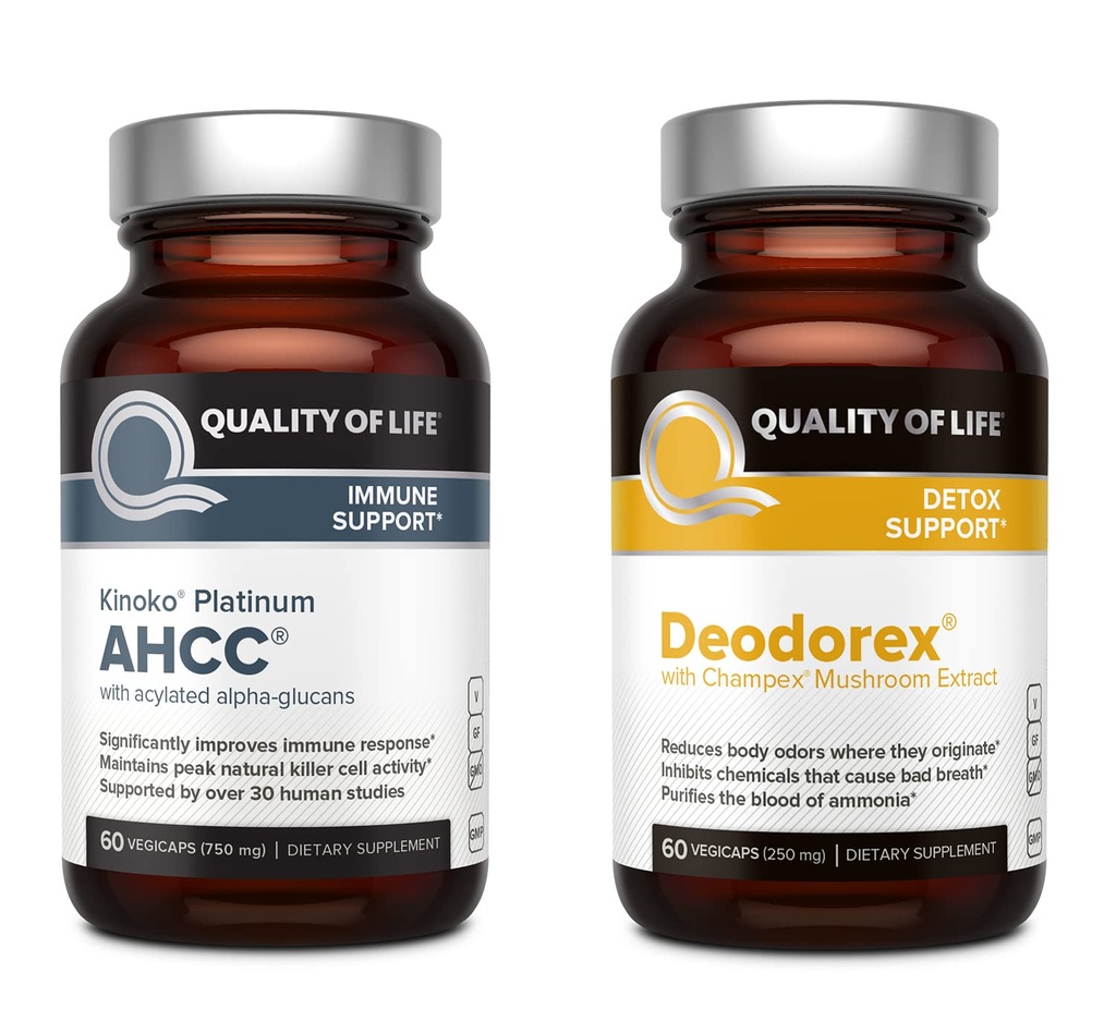 Livskvalitet Alle naturlige immunforsvar og Detox Bundle - Kinoko Platinum AHCC Mushroom Extract - Deodorex Detox Support Supplement