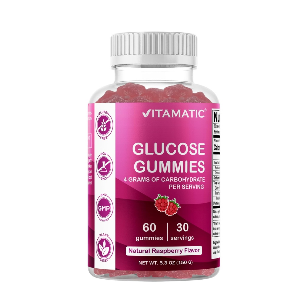 Vitamatisk Glucose tyggetrøve - 60 Greve - Natural Raspberry Flavor - 4G Kulhydrat per Servering (1 flaske)
