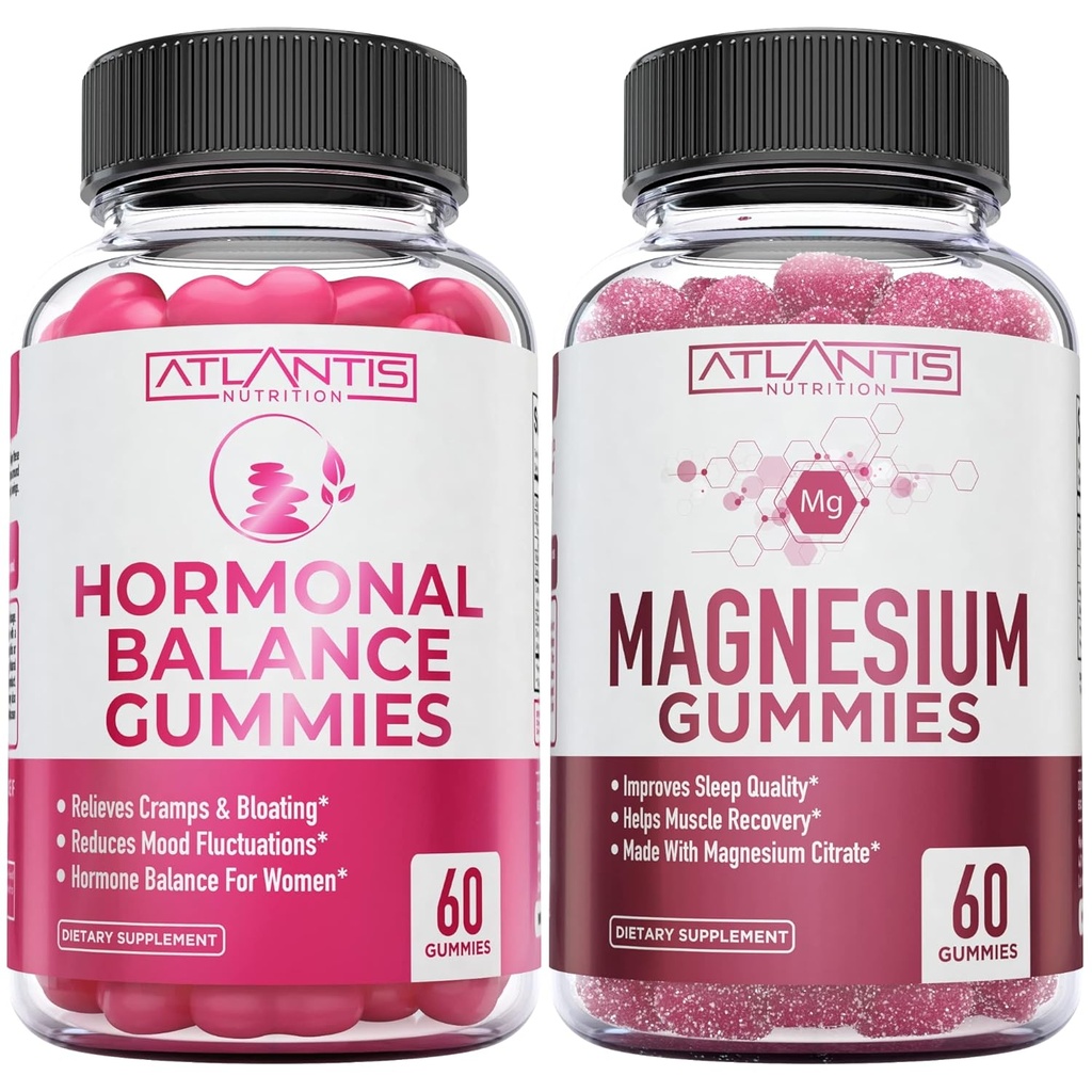 Hormonal balance & Magnesium gummier for muskelkramper, PMS gummies Alvitrate Bloating & Mood Swings, Magnesium hjælper forebygge kramper & fremmer muskel opsving - 60 Vegansk gummies Per flaske