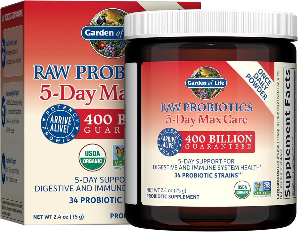 Life Organic Probiotic Powder til kvinder og mænd - Raw Probiotika 5-Day Max Care 400 Millioner CFU - Banan, High Bifido 5 dages Formel med enzymer, Prebiotika til fordøjelse og immunforsvar