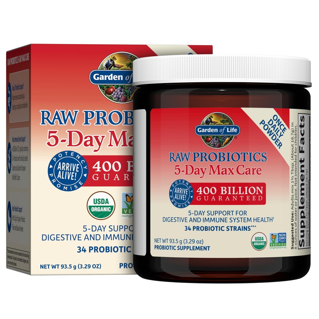 Life Organic Probiotic Powder til kvinder og mænd - Raw Probiotika 5-Day Max Care 400 Millioner CFU - Banan, High Bifido 5 dages Formel med enzymer, Prebiotika til fordøjelse og immunforsvar