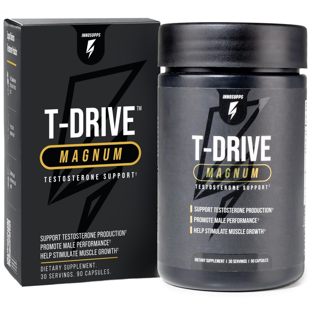InnoSupps T- Drive Magnum Testosteron Booster Forøg maksimal ydeevne Forstærkning Muskelvækst, Øge Libido & Energiniveauer, Horny Geat Weed Tongkat Ali, Zink, Fenugreek, Fat Burner 90 Caps / 30 dage