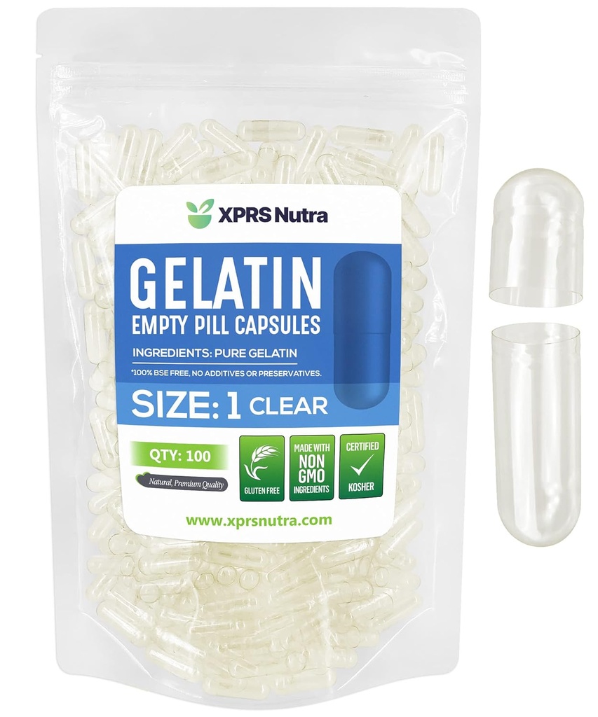 XPRS Nutra Størrelse 1 Tomme kapsler - 100 Tomme Tomme Gelatine kapsler - Tomme piller kapsler - Du Capsule Fyldning - Fyldelige rene Bovin piller Tomme Gel Caps piller