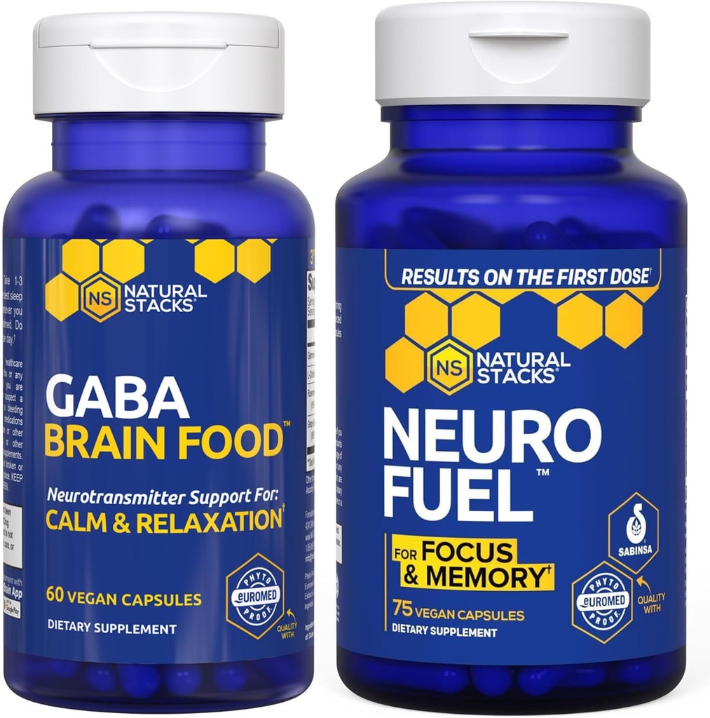 NATURLIGE STAKKER NeuroFuel Nootrop + GABA Brain Food Bundle - understøtter hukommelse, afspænding og fokus * - 135 kapsler