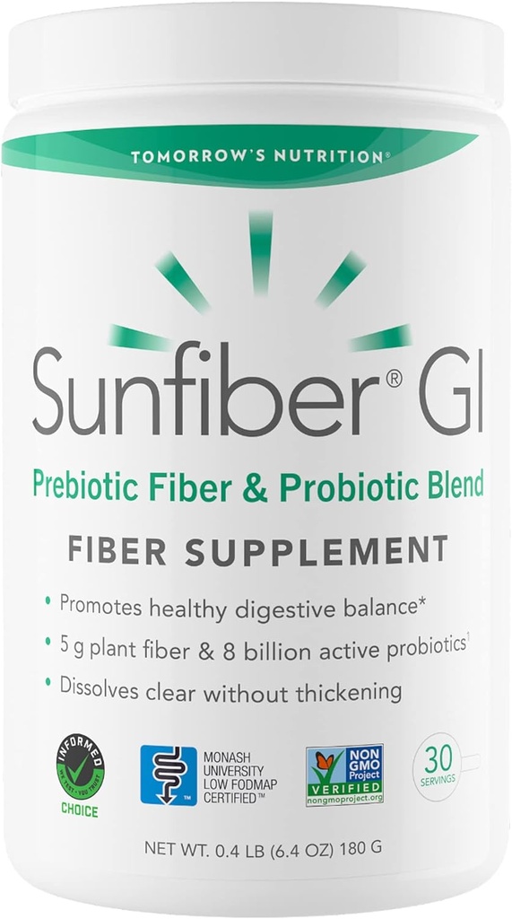 Morgendagens Nutrition Sunfiber GI, Prebiotic Fiber & Probiotics, 5g Prebiotic Fiber & 8 Billion Probiotics Per Servering, Low FODMAP, 30- Day Supply, 30 Dag