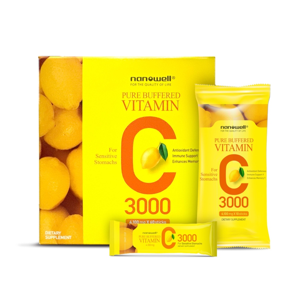 NANOWELL Pure Buffered C-vitamin 3000 mg per servering, Kosttilskud til immunforsvar - 60 sticks x 1 Box, 2 Months Supply (60 Tæl)