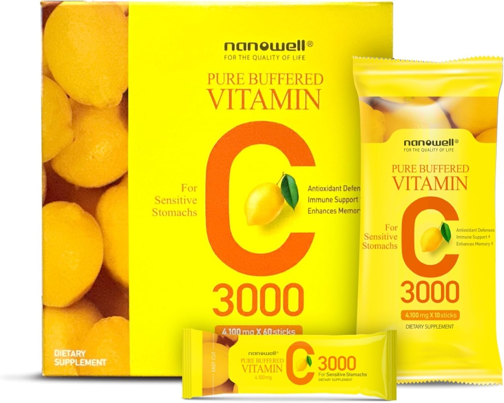 NANOWELL Pure Buffered C-vitamin 3000 mg per servering, Kosttilskud til immunforsvar - 60 sticks x 1 Box, 2 Months Supply (60 Tæl)