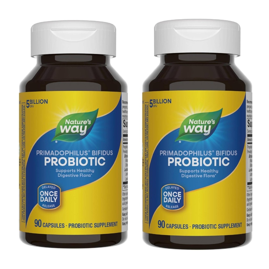 Nature 's Way Primadophilus Bifidus Probiotic, Understøtter fordøjelig Flora *, 5 Millioner levende probiotiske kulturer per kapsel, Lactobacilli, Bifidobacteria, 90 Kapsler (Packaging May Vary) - 2 Pack