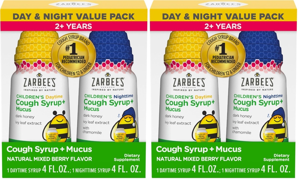Zarbee 's Children' s Honey Hough Syrup + Mucus Day & Night Value Pack, Daytime & Nighttime Toddler Hough Syrup, Dark Honey, Ivy Leaf Extract, Chamomile, Mixed Berry Flavor, 4 Fl Oz, (Pack of 4)