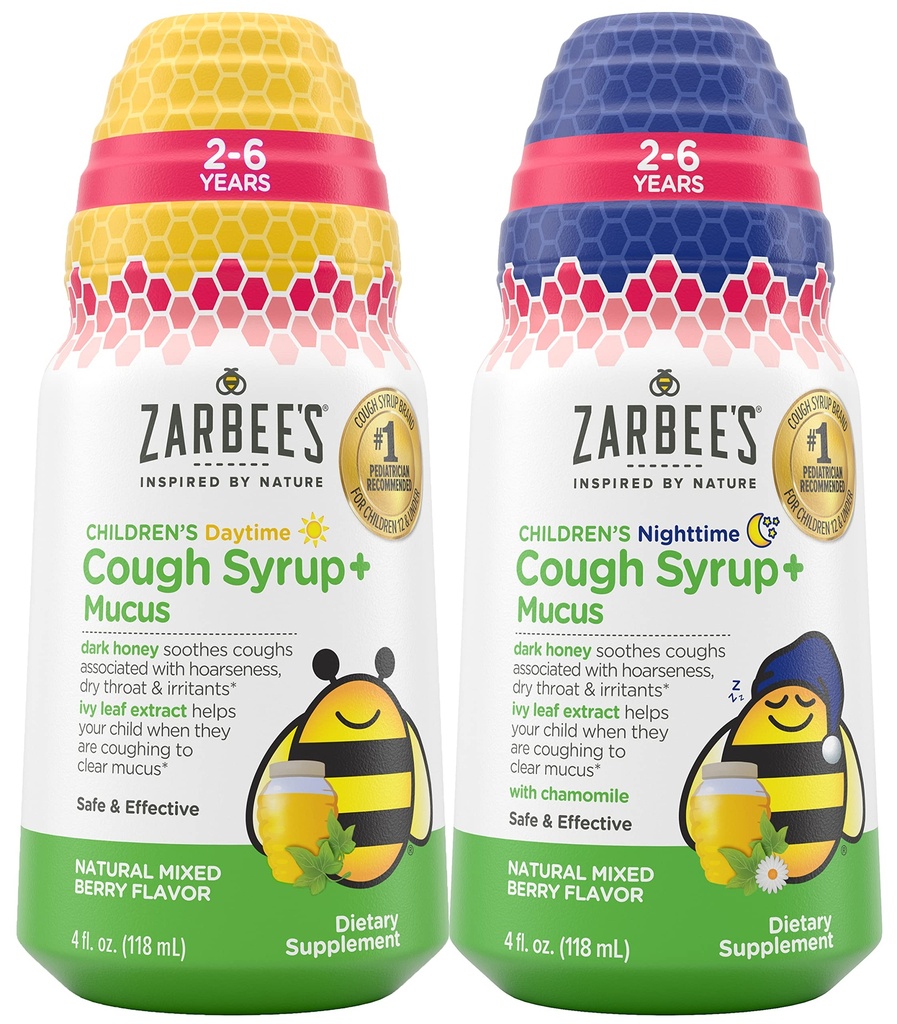 Bundle af Zarbee 's Kids Hough + Mucus Dagtid og Nighttime for Children 2-6 med Dark Honey, Ivy Leaf, Zink & Elderberry, 1 Pediatrician Anbefalet, Drug & Alcohol- Free, Blandet Berry Flavor, 4FL Oz