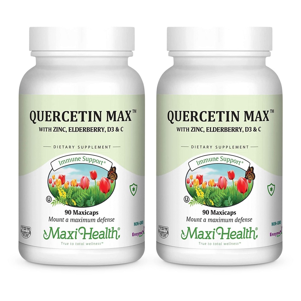 Maxi Health Quercetin 500mg kapsler - Zink kosttilskud til kvinder og mænd - ikke-GMO, Kosher, og Gluten- Free Quercetin kosttilskud med hyldebær C-vitamin og zink (90 Veg kapsler, pakke med 2)