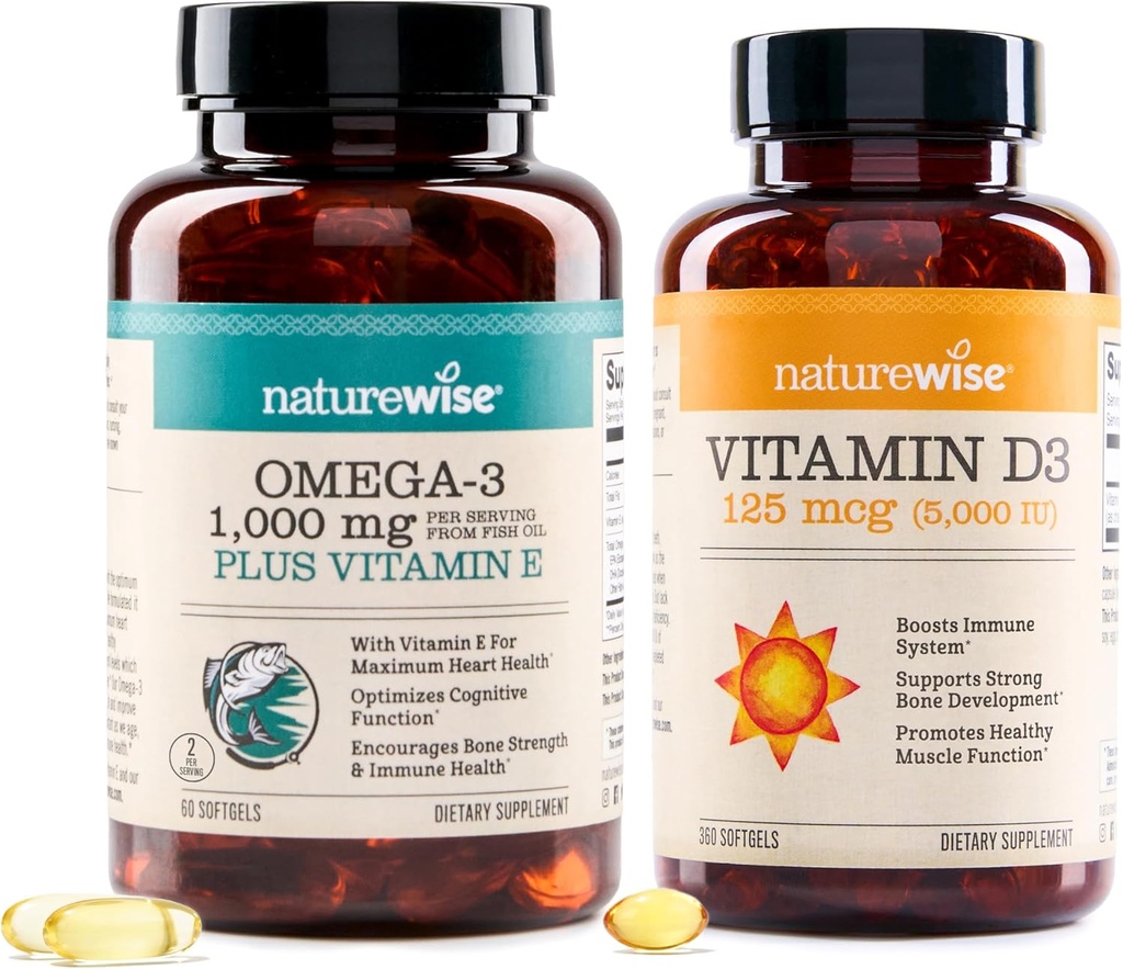 NatureWise High- Potency 1000mg Omega 3 med 600 mg EPA, 400mg DHA, & vitamin E & vitamin D3 5000iu (125 mcg) 1 År Tilgang til sund muskelfunktion