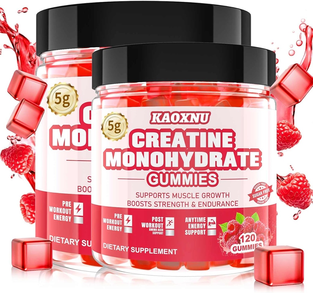 2 Pack Creatin monohydrat Gummies for mænd og kvinder 120 CT - 5000mg Creatin monohydrat per servering - Sukker Free Chewable Creatin for muskel styrke, muskel builder, Energi Boost