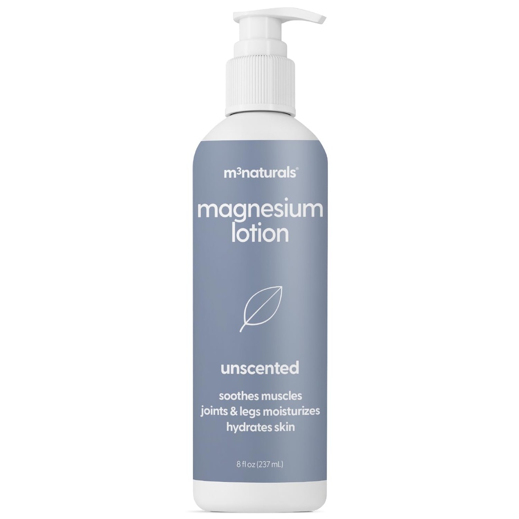 Unscented Magnesium Lotion for Sleep & Leg Cramps, Suitable for Sensitive Skin, Helps with Muscle Relaxation, Soothes Tired Legs & Foot Aches and Supports Restful Nights, 8 fl oz by M3