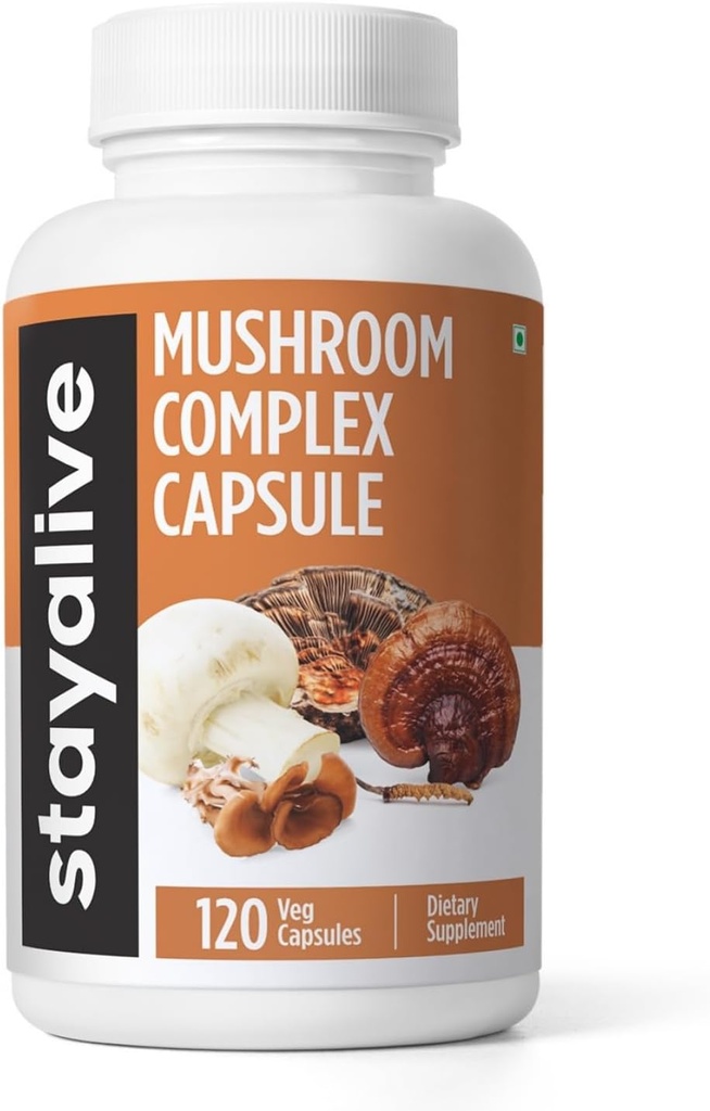 STAY ALIVE Mushroom Complex 1000mg, 6-in-1 Mushroom Supplement w / Lions Mane, Reishi, Chaga, Cordyceps, Maitake og Tyrkiet Tail Extract Powder, 120 Vegan piller, Non-GMO & Gluten Free Herbal Kapsler