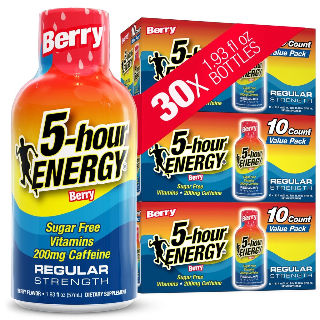 5-timers ENERGY Shots Regelmæssig styrke, Berry Flavor, 30 Greve, 1.93 Fl Oz, Sukker fri, nul kalorier, Aminosyrer og essentielle B-vitaminer, Kosttilskud, Feel Alert og energiseret, 200 mg koffein