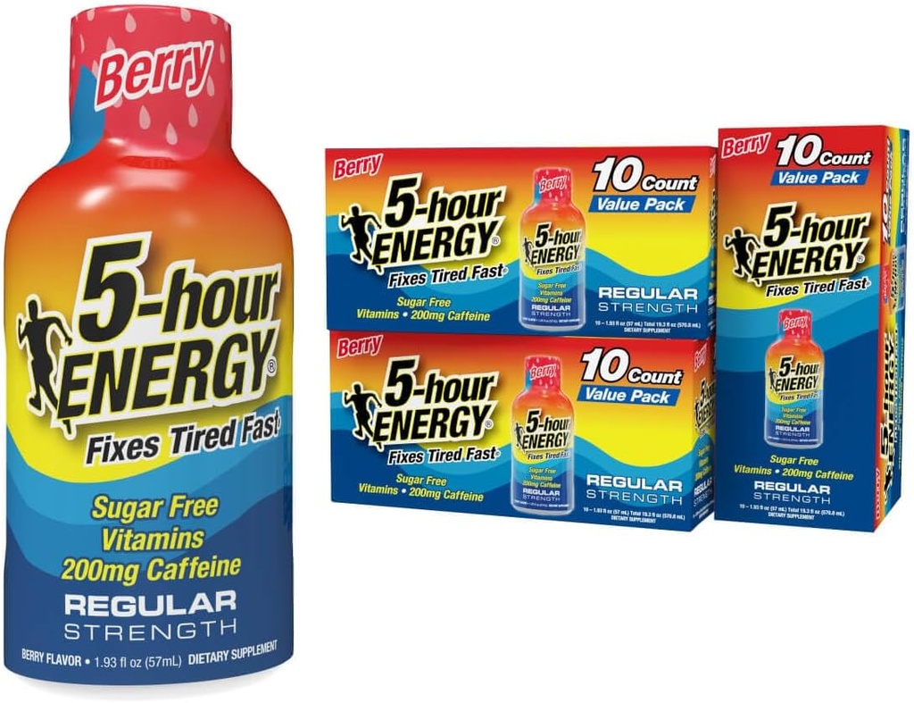 5-timers ENERGY Shots Regelmæssig styrke, Berry Flavor, 30 Greve, 1.93 Fl Oz, Sukker fri, nul kalorier, Aminosyrer og essentielle B-vitaminer, Kosttilskud, Feel Alert og energiseret, 200 mg koffein
