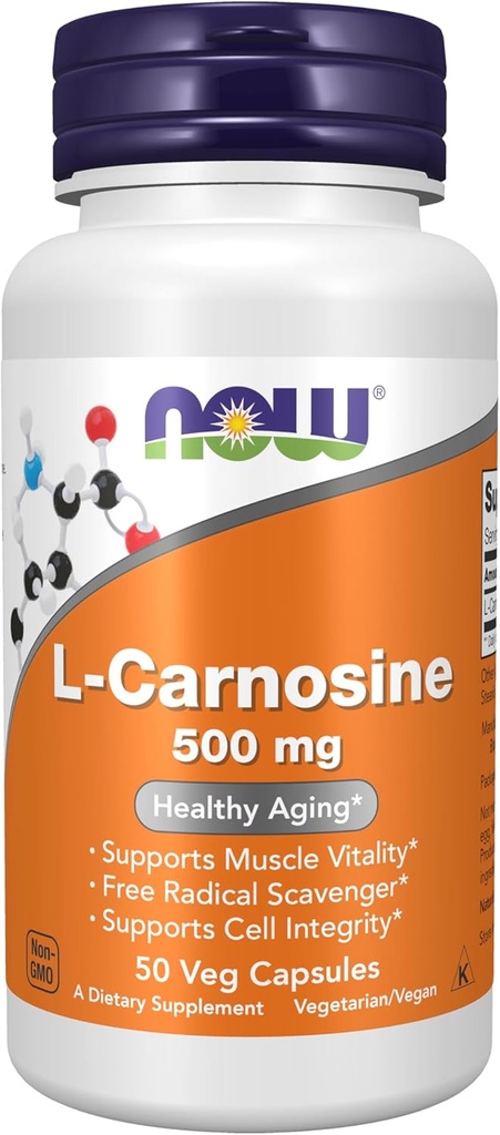 Now Foods Supplements, L- Carnosine (Beta- Alanyl- L- Histidine) 500 mg, Sund Aging, 50 Veg kapsler