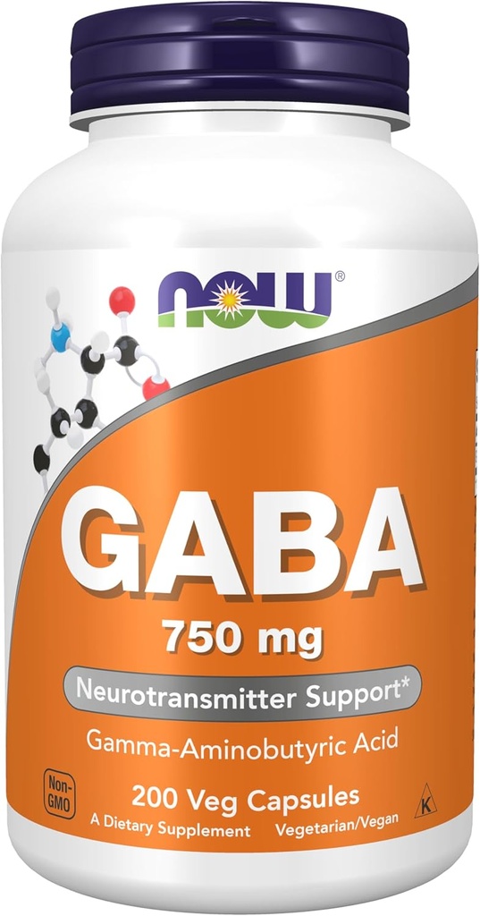 Now Foods Supplements, GABA (Gamma- aminosmørsyre) 750mg, Neurotransmitter Support *, 200 Veg kapsler