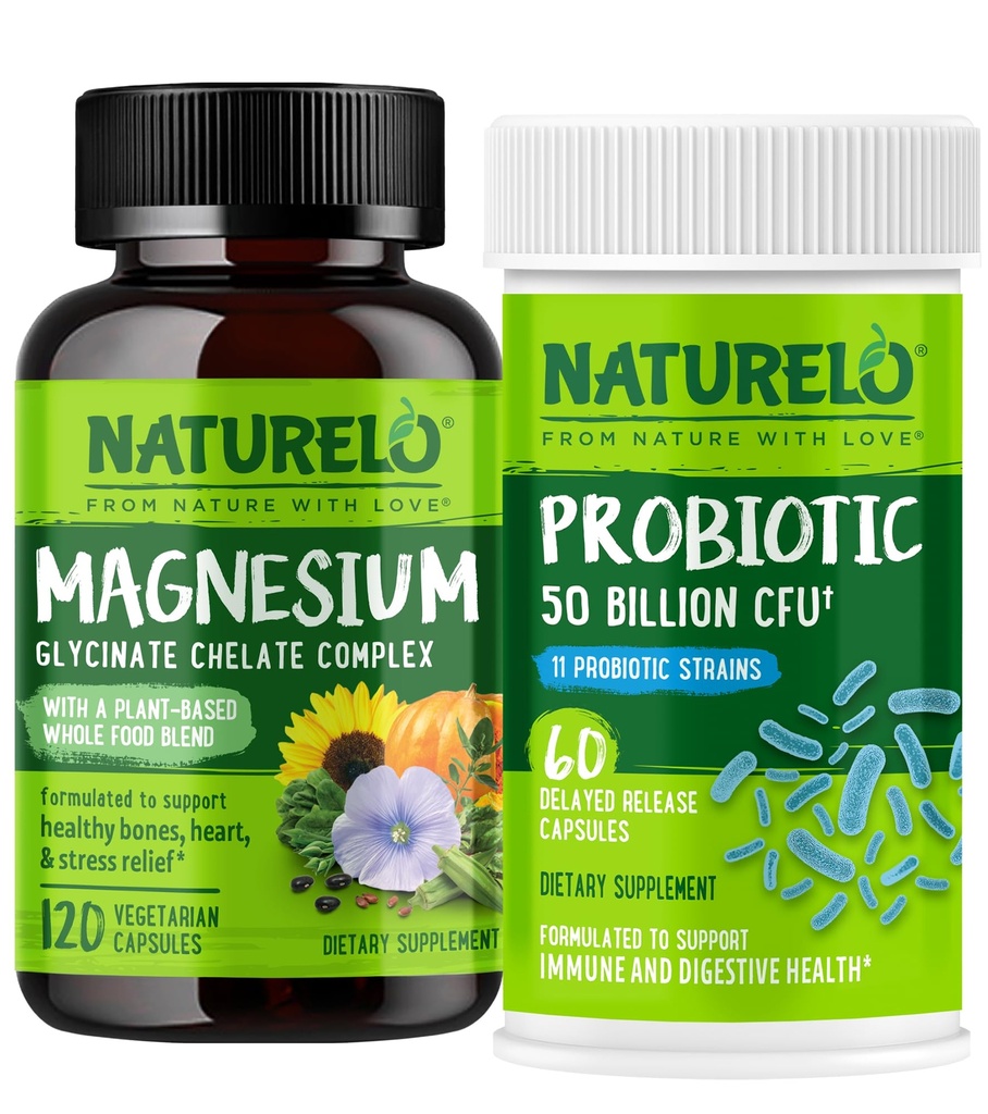 NATURELO Probiotics for Digestive Health - 60 Vegetarian Capsules and Magnesium Glycinate Chelate Complex - 120 Capsules Bundle
