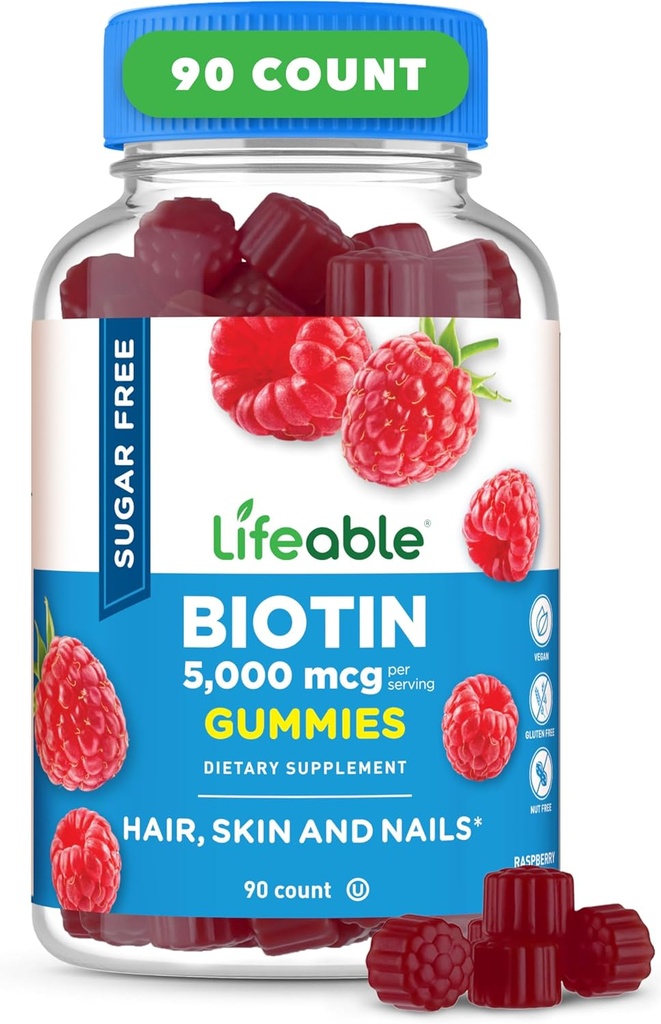 Lifeable Sugar Free Biotin Gummies against 124; 5000mcg vitamin B7-124; Great Tasting Biotin Supplement # 124; for hårvækst, hud og nail sundhed # 124; hår supplement til kvinder, mænd, voksne
