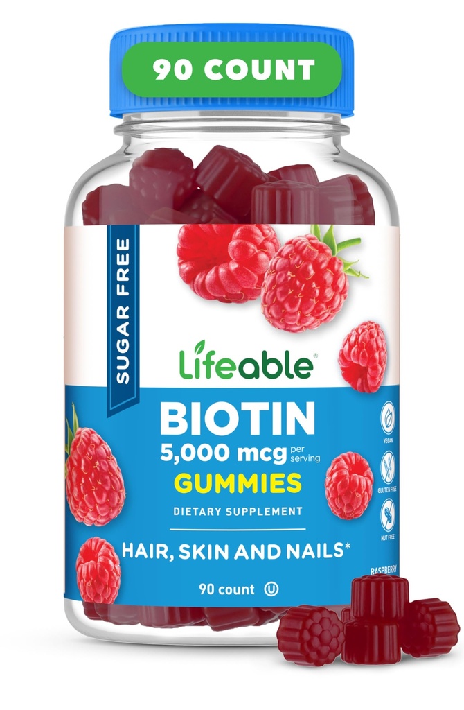 Lifeable Sugar Free Biotin Gummies against 124; 5000mcg vitamin B7-124; Great Tasting Biotin Supplement # 124; for hårvækst, hud og nail sundhed # 124; hår supplement til kvinder, mænd, voksne