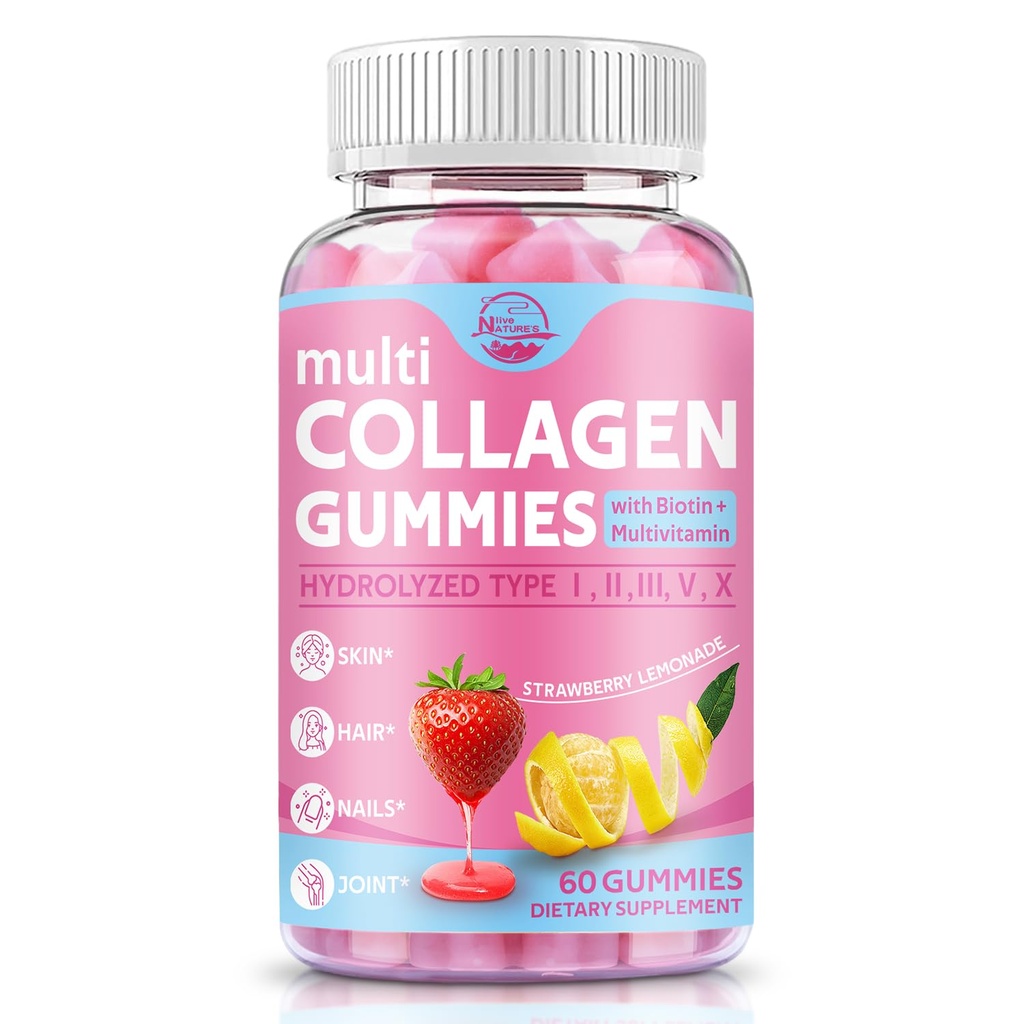Multi Collagen Peptides Gummies, Type I, II, III, V, X - Hydrolyzed Collagen Peptides with Biotin, Hyaluronic Acid, Supports Healthy Skin, Strong Nails & Thick Hair, 60 Count, 1 Pack