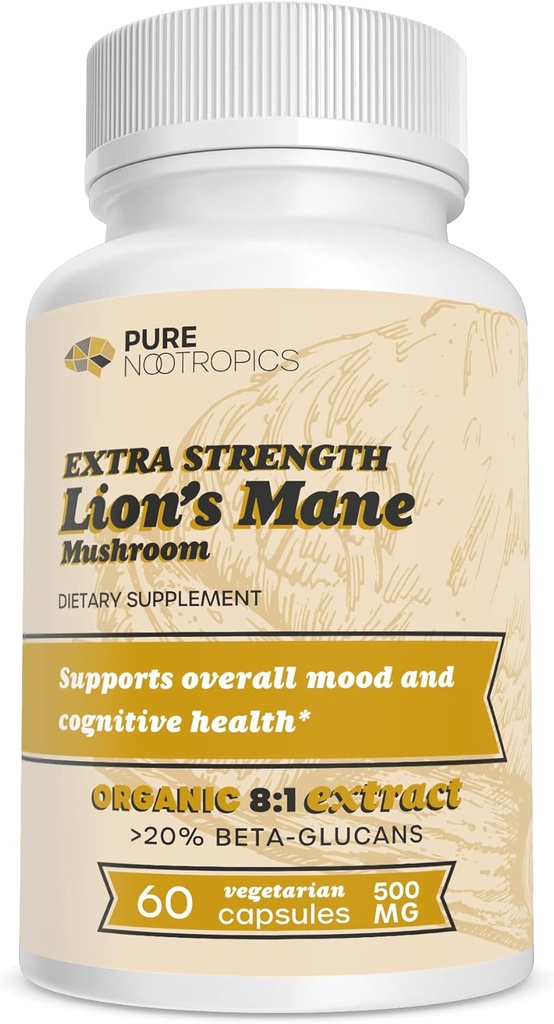 Pure Nootropics - Organic Lion 's Mane 8: 1 Mushroom 500 mg • 124; Dual Extract • 124; 60 Vegetarian Caps • 124; > 20% beta- glucans • 124; Hericium erinaceus • 124; Hericium
