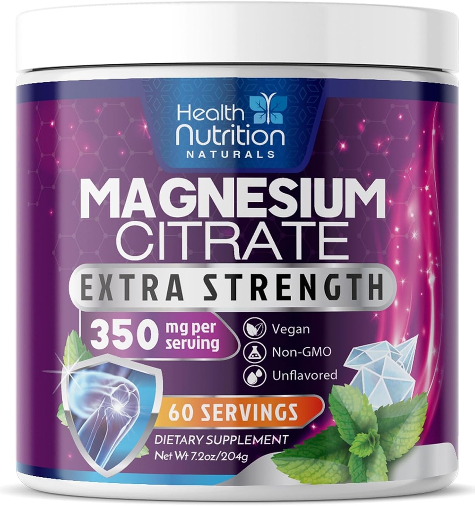 Magnesium Citrate Supplement 350 mg - Magnesium Citrate Powder Mix Unflavored - Mag Citrate & Aquamin Kosttilskud til ben, hjerte & muskel support, sukker fri, gluten fri, Vegan - 60 Servere
