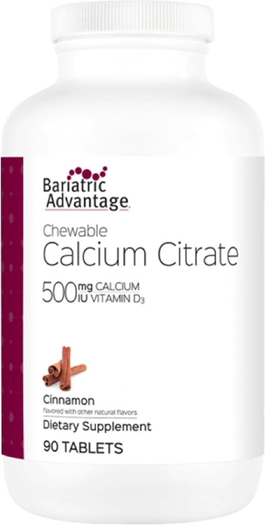 Bariatric Advantage Calcium Citrate Chewable 500mg with Vitamin D3 for Bariatric Surgery Patients Including Gastric Bypass and Sleeve Gastrectomy, Low Sugar - Cinnamon Flavor, 90 Count